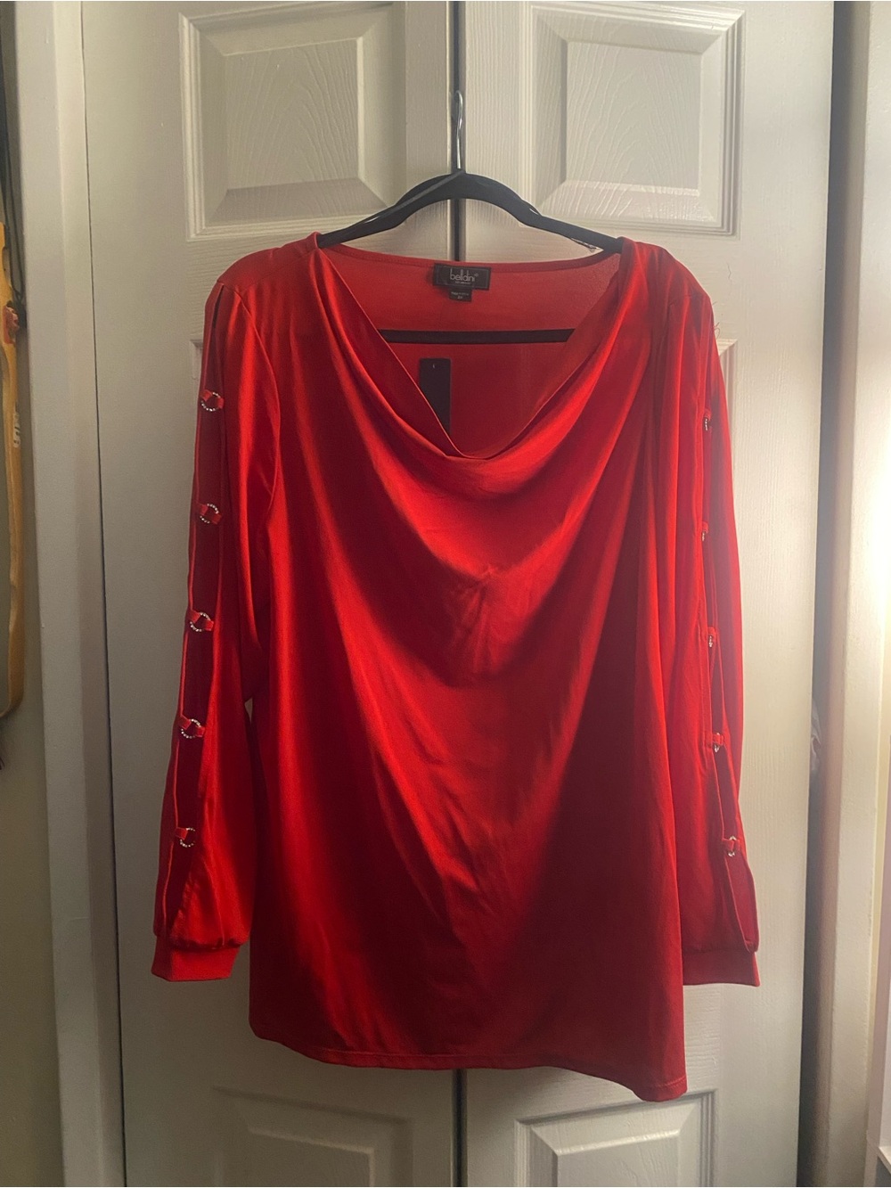 Belldini Red Drape Neck Long Sleeve Top with Ring Detail